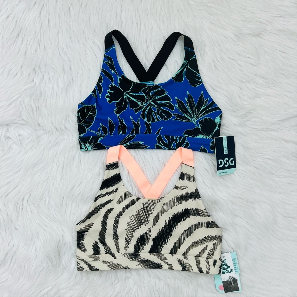 NWT! Lot of Two Girls Sports Bra/Aspire Bra Zebra/Floral Print Girls Sz L/14